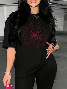 Women's Spider Web Print Round Neck Fitted Soft Tee, Casual Short Sleeve Crew Neck T-shirt for Summer, Fashion Women's Top for Daily Wear, Halloween, Womenswear