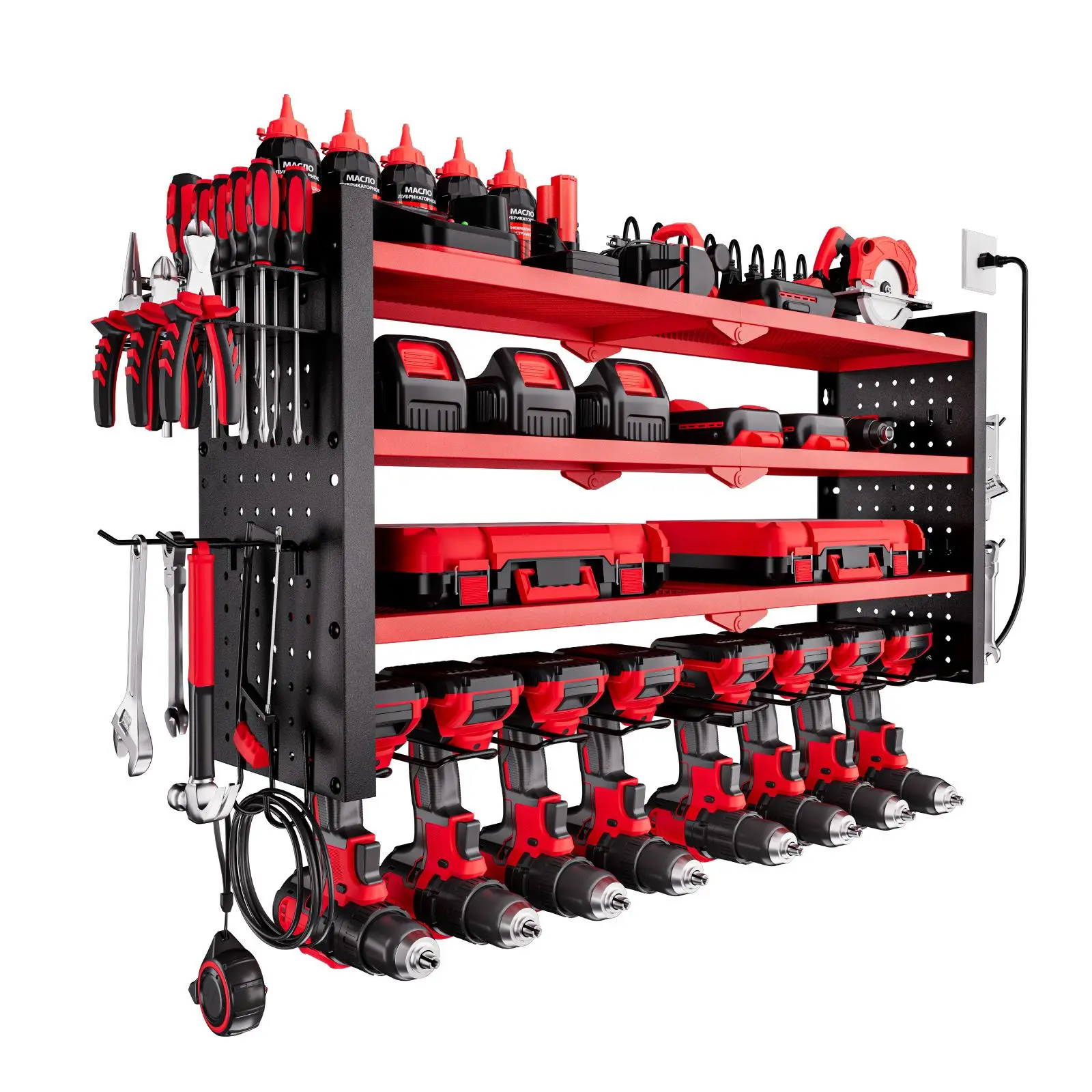 VEVOR Carbon Steel Power Tool Organizer with Charging Station - 4-Layer Drill Storage Rack, 8 Drill Slots, Adjustable Middle Shelf, Side Pegboard, 8-Outlet Power Strips, Simple Install Less Hassle, Dad Men's Work Accessories for Garage Workbench, Father's