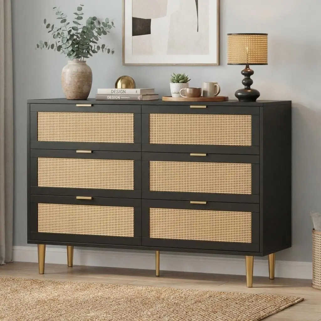 Garvee 6 Drawer Rattan Dresser for Bedroom, Bohemian Chest of Dressers with Metal Legs, Sleek Wood Dresser with Ample Storage, Rattan Chest of Drawers for Living Room, Black