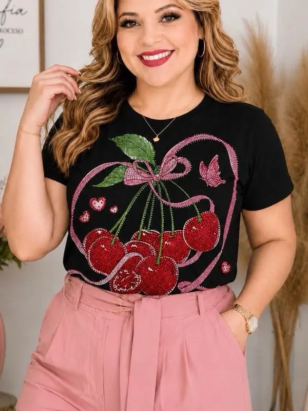 ALMA EDELIAS Women's Cherry Sweetheart-Themed Rhinestone Short-Sleeve T-Shirt, Spandex Fabric Womenswear Top, Style #23130