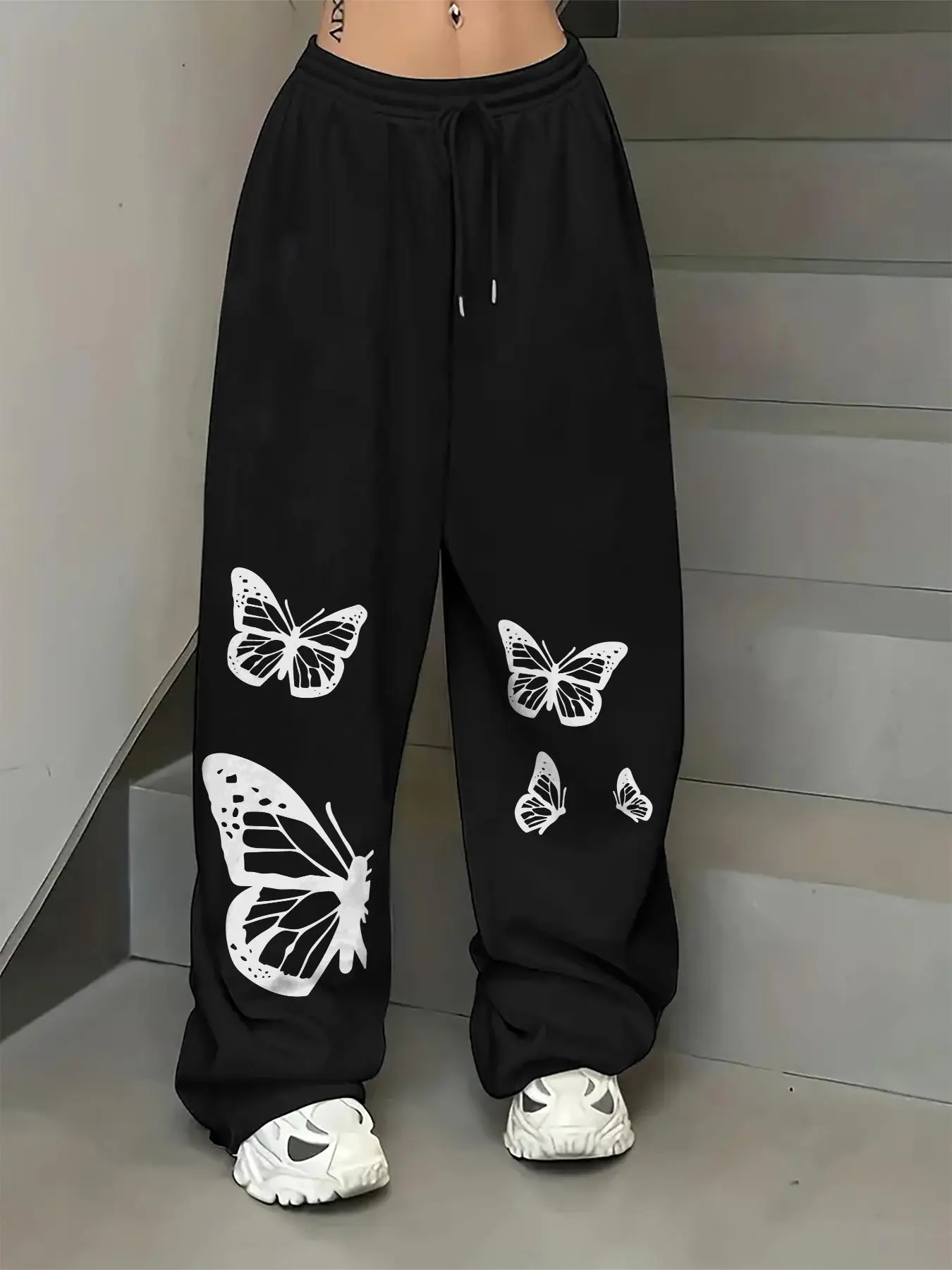 Women's Butterfly Print Drawstring Waist Sweatpants, Casual Jogger Pants for Daily Wear, Ladies Bottoms for Summer, Bohemian Trousers