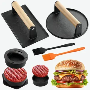 Burger Press Kit, 5 Counts/set Cast Iron Grill with Wooden Handle, 4-in-1 Filled Burger Mold, Suitable for Frying Pan, Sandwich, Nonstick Skillet