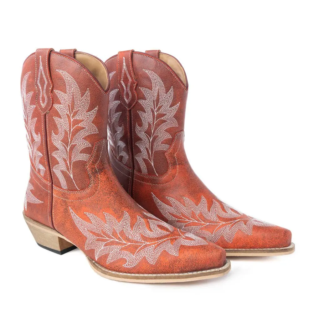 Women’s Handcrafted Western Leather Boots  Floral Stitch, Rustic Red Finish