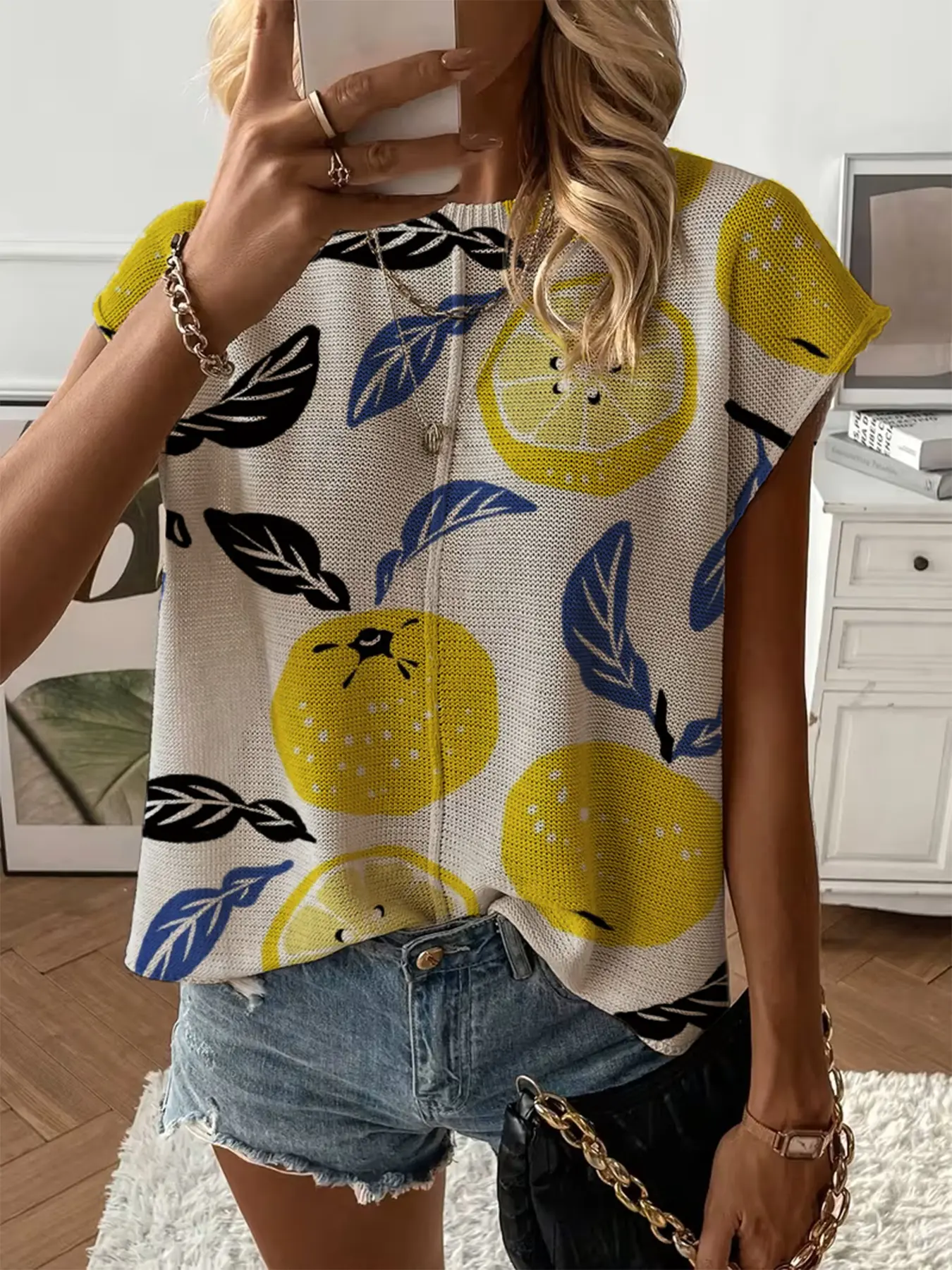 Spring Summer Women's Knit Top, Round Neck Shoulder Straps Loose Fit, Lemon Print Short Sleeve, Casual Elegant Commuter Wear, Womenswear, Casual Crew Neck