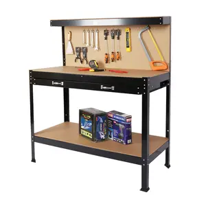 Heavy Duty Wood Workbench with Pegboard & Drawer – 300 LBS Capacity, Solid Steel Frame & MDF Top, 45.3x21.7x55 Inch Work Table for Garage, Workshop, Office, or DIY Projects (Black)