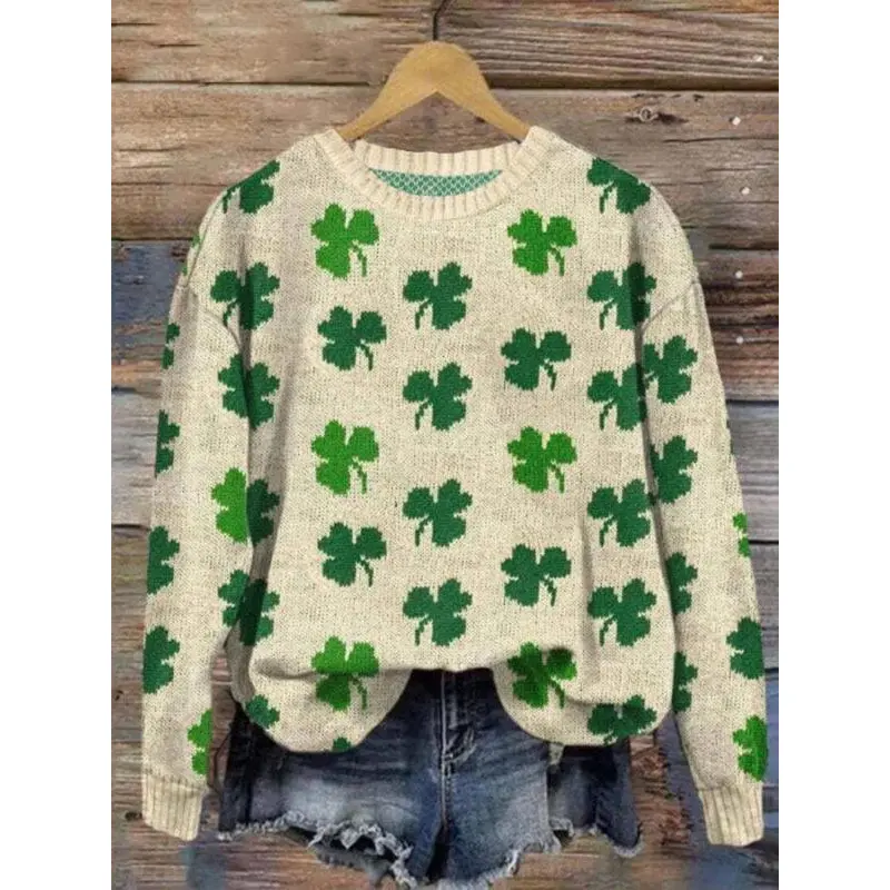 Tops for Women, Casual Plants Print Polyester Knit Sweater, Baggy Long Sleeve with Drop Shoulders for Fall and Winter, Knitwear, Oversized, Clothes
