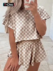 Women's Two-Piece Set Casual Colorblock Checkerboard Printed Short Sleeve Tee & High Waist Skorts, Chic and Cozy Apparel for Daily Outdoor Wear, Ideal for Spring and Fall Womenswear Outfits