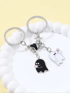 Cute Cartoon Heart Shape Element Ghost Keychain Set, Halloween Theme Durable Alloy Keyring Gift for Couples Friends Family Memorial