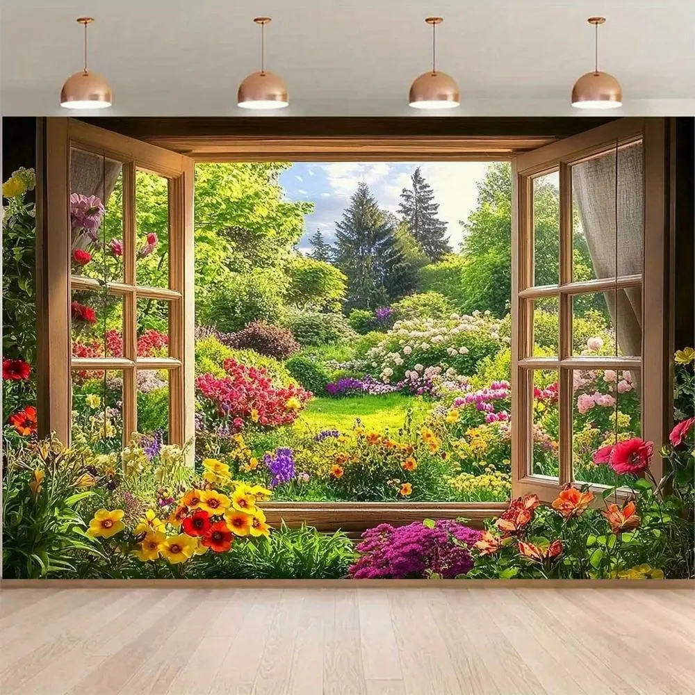 Polyester Multi-Size Window Garden Wall Mural Print - Room Decor, Realistic 2D-3D Flat Large Window View with Green Foliage, Blooming Flowers, Open Shutters, Vibrant Spring Scene for Photo Booth, Wedding Events Backdrop, Ornaments, Floral