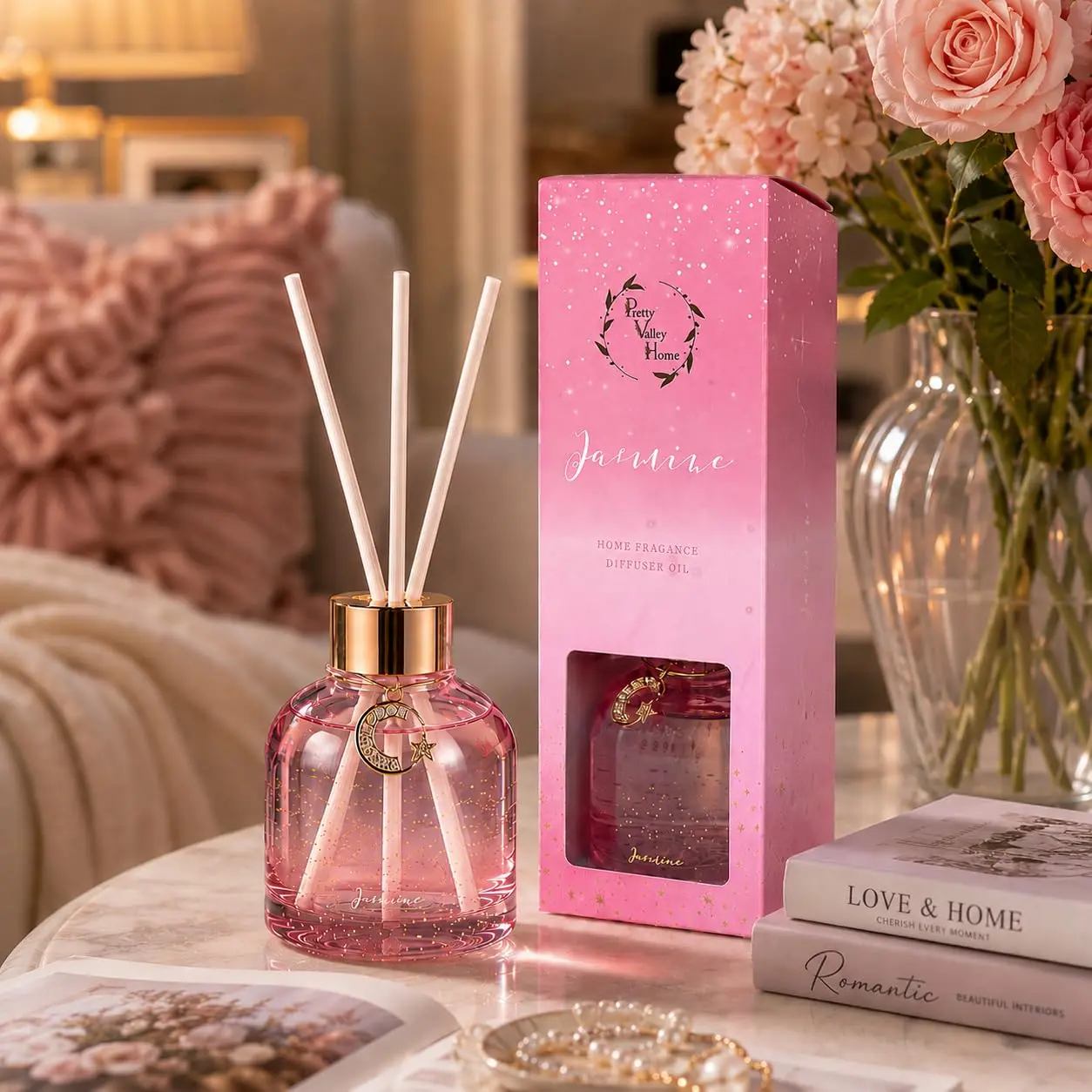 Reed Diffuser Set, Pretty Valley Home Diffuser 80Ml / 2.7 fl OZ Gift Box - Includes Reed Diffuser Sticks, Long Lasting Fragrance Oil and Glass Bottle for Office Living Room Decor (Jasmine)
