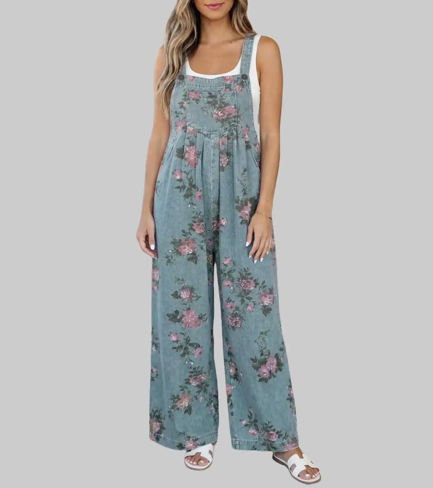 Women's Overalls in a Cute Floral Print & Vintage Denim Wash, Sleeveless Pleated Wide Leg with Adjustable Straps, Flower, Strappy