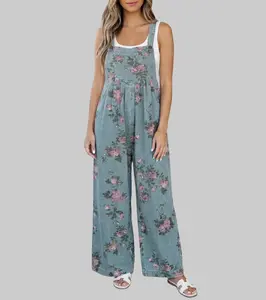 Women's Sleeveless Floral Vintage High-Waisted Pleated Wide Leg Denim Overalls, 50% Polyester 50% Cotton Breathable Fabric, Adjustable Straps, Comfortable Fit, Overalls for Women
