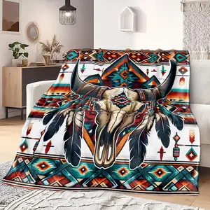Multifunctional Cow Head Print Polyester Flannel Boho Throw Blanket, 1 Count Soft Warm Option for Air-Conditioned Rooms, Travel Camping Naps,summervibes Throwblanket