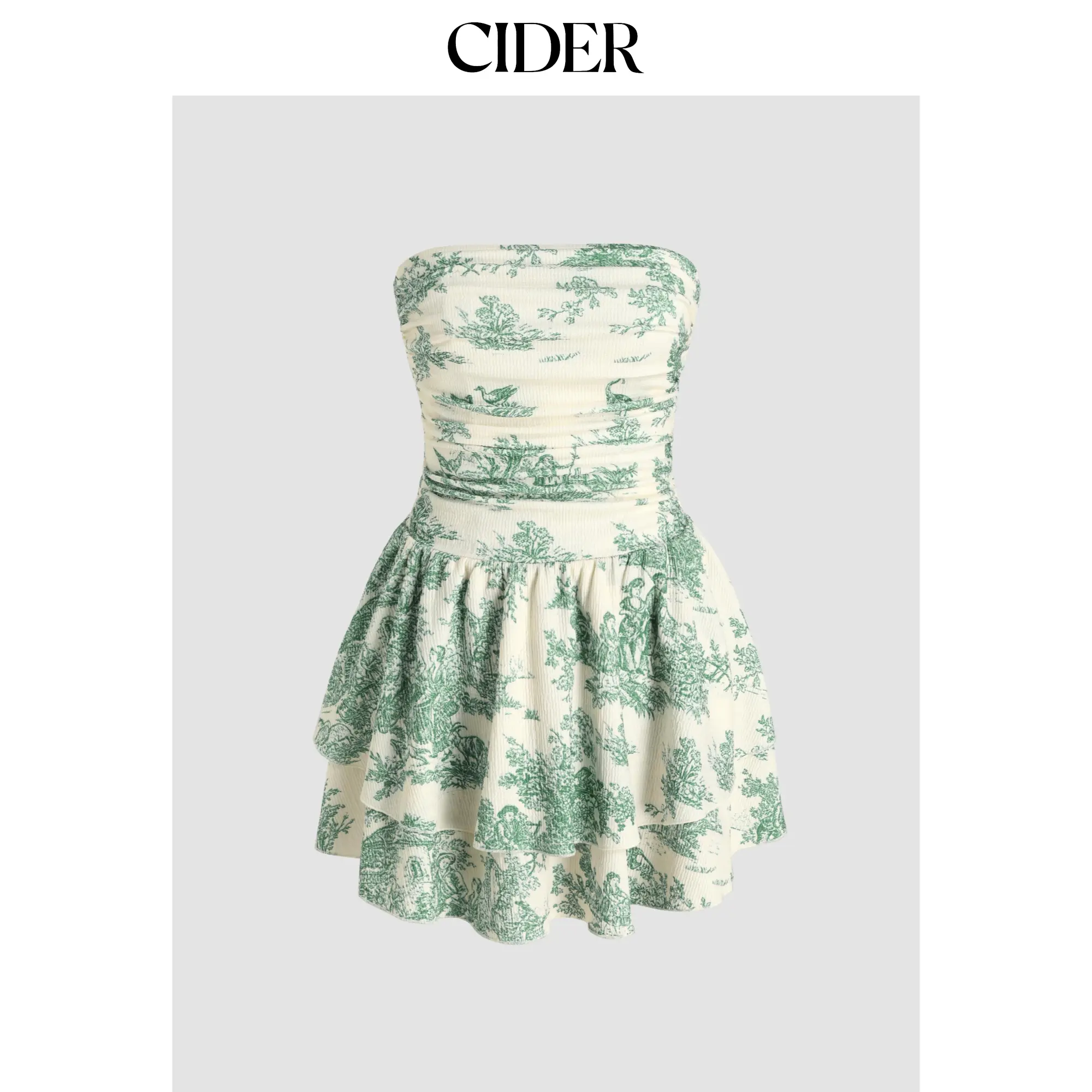 Cider [5 colors, size 0-26] Toile de Jouy Shirred Ruched Mini Dress