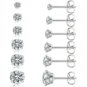 Classic Stud Earrings Set for Men and Women, 6 Pairs Sparkly Round Cut Earrings in Mixed Sizes, Elegant White Gold Plated