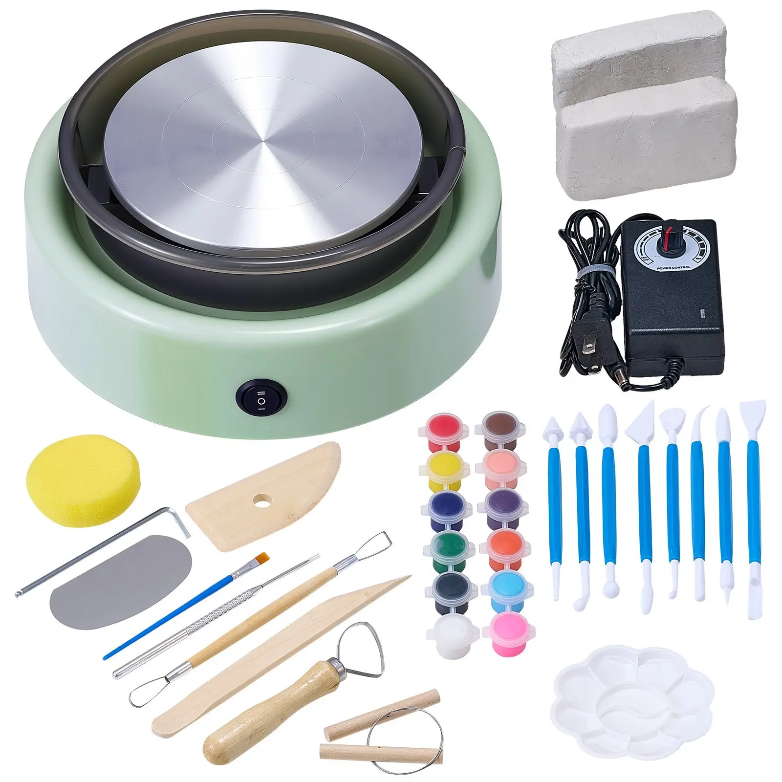 【Summerfinds】VEVOR YTMN-01 Compact & Portable Pottery Wheel Kit, 6 in Turntable with Aluminum Base, 30V Adjustable Speed, Forward-Reverse Rotation, 5.07 lbs Electric Clay/Dough Wheel for Beginner+, Home Craft with Shaping Tools, Apron, Paints, Brush