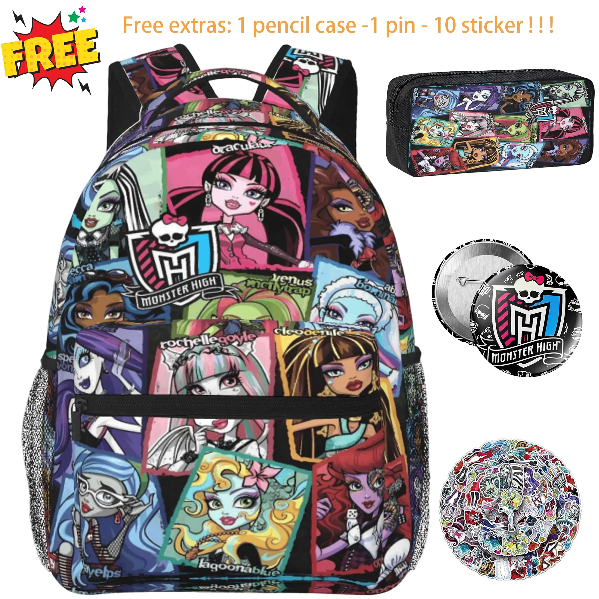 Monster High Cartoon Print Backpack Spacious Lightweight College Shoulder Bag, Durable Laptop Backpack for Men Women Middle High School Bookbag, Great Present for Monster High Collectors, Sister & BFF
