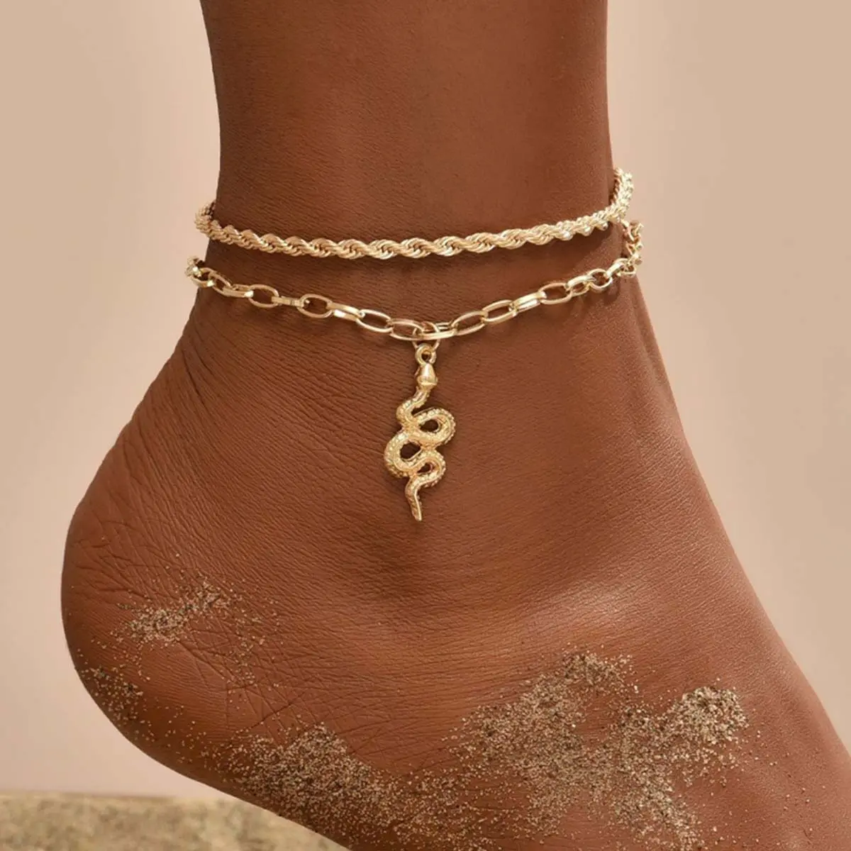 Women's Gold-Plated Double-Layer Retro Twisted Chain Anklet with Snake Pendant & Synthetic Gem, Beach Wear Adult Jewelry, Artificial Gemstone Anklet, Metal Coating Accessory, Daily Wear, Adults