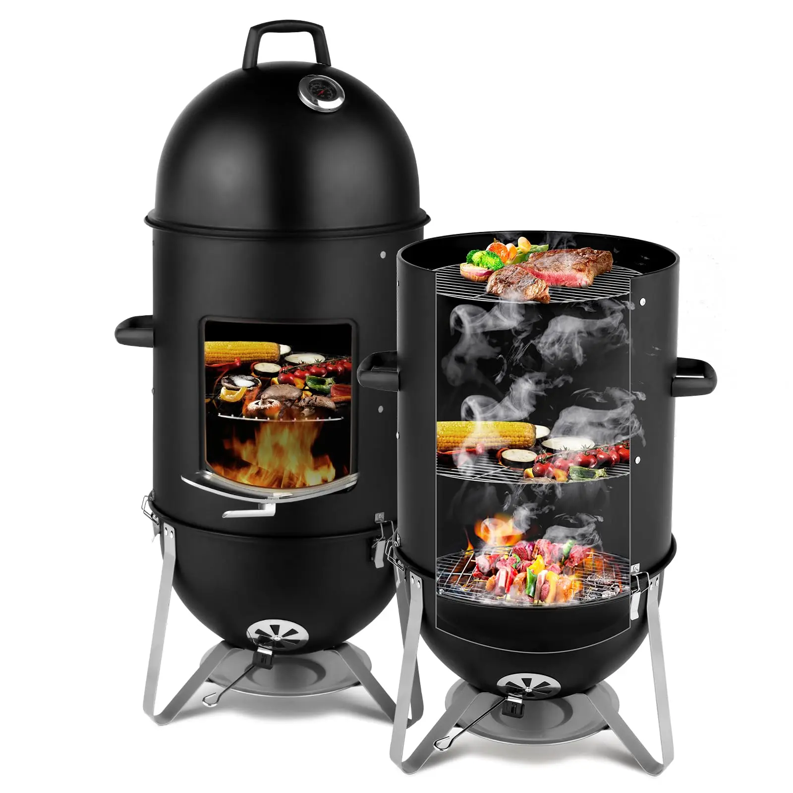 18.8-Inch 3-Layer Vertical Charcoal Smoker - Heavy-Duty Steel 3-in-1 BBQ Grill with Built-in Thermometer, Round Handles, Portable for Outdoor Camping Cooking