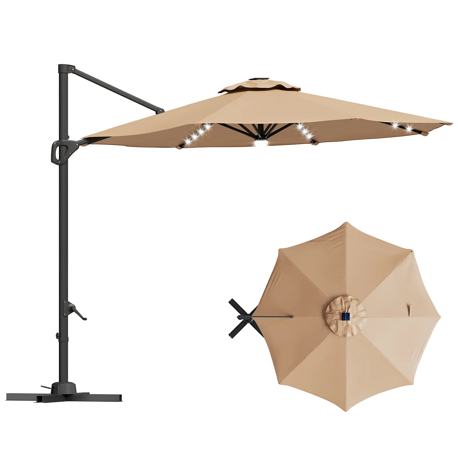 10ft Cantilever Patio Umbrella – 360° Rotating Offset Sun Shade with Adjustable Tilt, Waterproof Windproof 600D Oxford Canopy, Heavy-Duty Rustproof Aluminum Frame, Cross Base – Ideal for Garden, Patio, Poolside