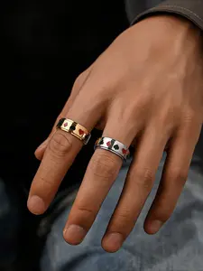 1pc Stainless Steel 18K Gold-plated Retro Gothic Poker Card Pattern Men's Ring, with Spades, Hearts, Squares, Plum Blossom Patterns, Summer Accessories, Fashion Heart Rings