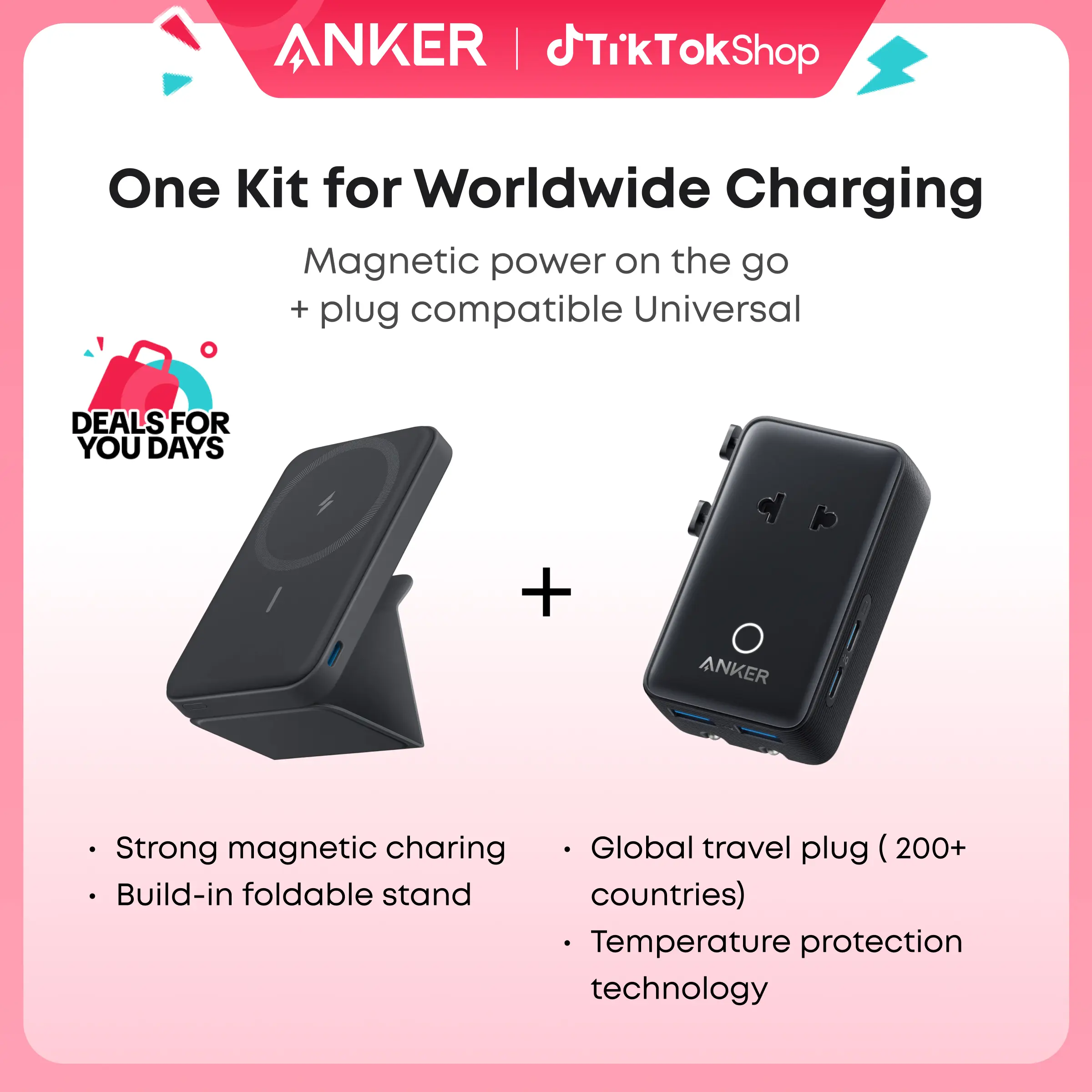 Anker Magnetic Power Bank, Built-In Foldable Stand, USB-C Port on the Side, 5,000mAh Capacity+Anker Nano Adapter, 5-in-1 Ultra-Compact Global Charger tiktokshopspringglowup