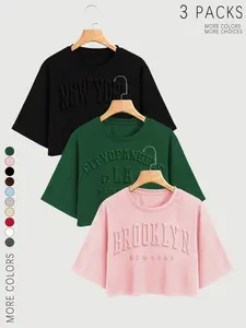 3 Pack Women's Oversized Cropped Graphic Tees, Embossed New York & LA City Print Crew Neck T-Shirts, Y2K Aesthetic Preppy Style Tops, Soft Breathable Casual T-Shirts, Trendy Baggy Crop Tees for Back to School, Streetwear, Hangouts & Daily Wear