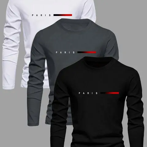 Men's Letter Print Round Neck Athleisure Tee, Regular Fit Casual Athletic Wear Long Sleeve Crew Neck T-shirt for Spring & Fall, Fashion Men's Top for Daily Wear, Casual Athletic Apparel