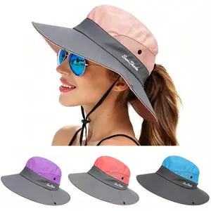 UPF50+ Women Sun Hat Wide Brim Ponytail Bucket Hat Foldable UV Protection Beach Hats for Women Outdoor Hiking Fishing Travel