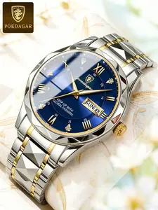 Men's Watch Roman Numerals, Night Glow Hands, Luminous Waterproof Watch, Date Calendar, Auto Week, Waterproof 30m, Stainless Steel Wristwatch, Stainless Steel, Quartz Analog Watches, Quartz Movement, Gift Ideas