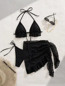 Women's Sexy Summer Beach Set, Sleeveless Tie-Back Self Tie Bikini Three-Piece Suit, Elegant Plain Triangle Swimsuit for All Seasons, Bikini Skirt Set, Tie Back Bikinis, Sea Fancy Swimsuits