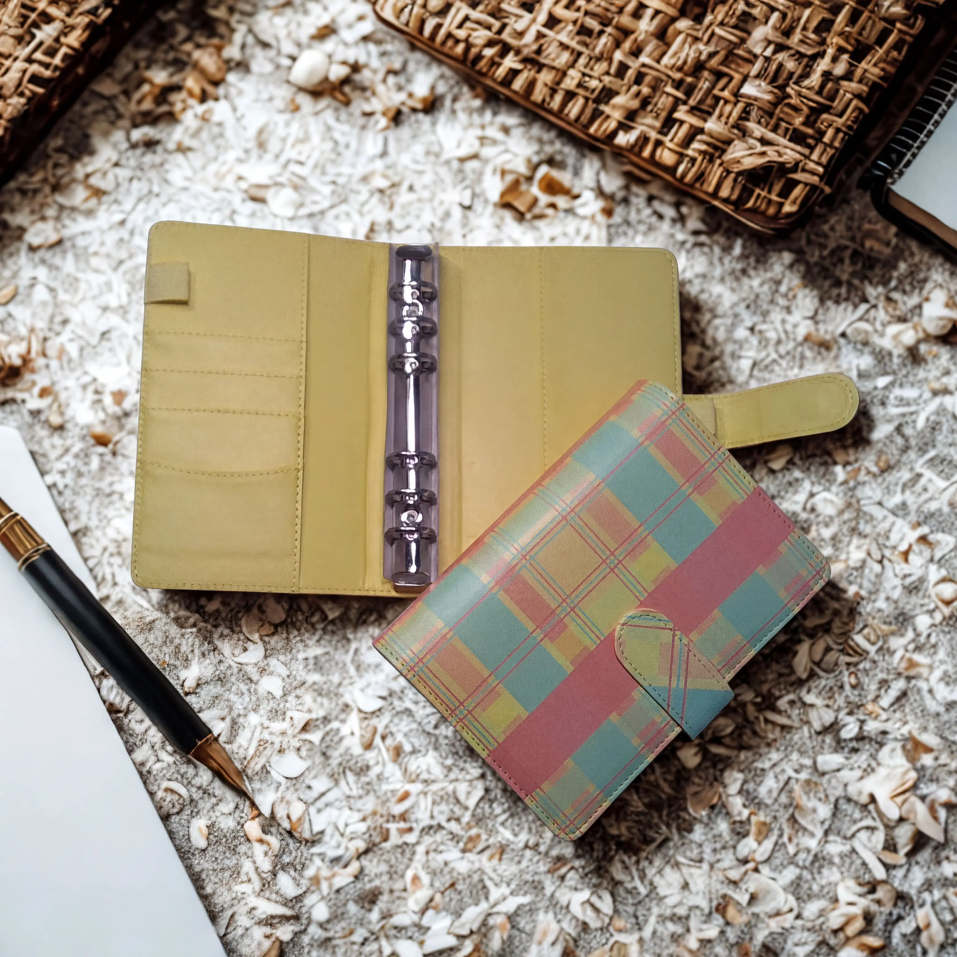 Leather Planner Binder: Yellow Green Plaid - Compact A6 with Pen Loop
