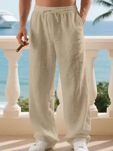 Men's Linen Casual Straight Leg Pants, Breathable Comfortable Fashion Long Trousers, Perfect for Outdoor Travel Vacation Daily Wear