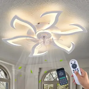 Modern Ceiling Fan with Light and Remote, Low Profile 32 Inch White Flush Mount Fandelier Ceiling Fan for Kitchen Bedroom
