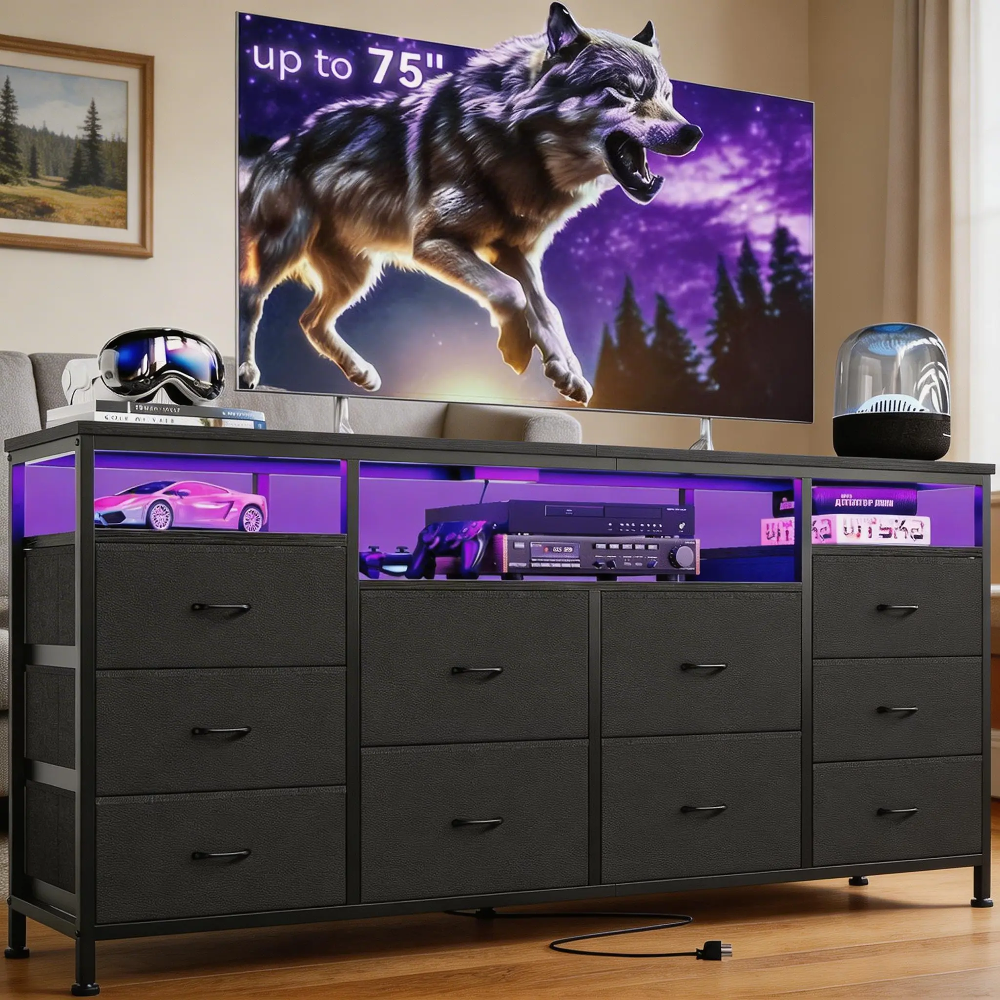 ZR-GARVEE 63 Inch 10 Drawer Fabric Dresser with LED Lights and Power Outlet Modern TV Stand for 70 Inch TV Long Chest of Drawers with Charging Station for Bedroom