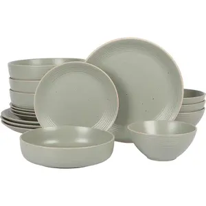 Gibson Home Dinah 16 Piece Double Bowl Stoneware Embossed Speckled Dinnerware Set - Matte Black, White, or Sage Green