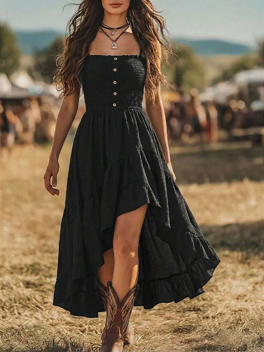 Balvessa Women's Asymmetrical Polyester Dress - Bohemian Style, Casual Vacation Wear, Spaghetti Strap, High Waist, Cinched Waist, Front Short Back Long, Mid-Length, Women's Clothes, Stylish Women's Wear
