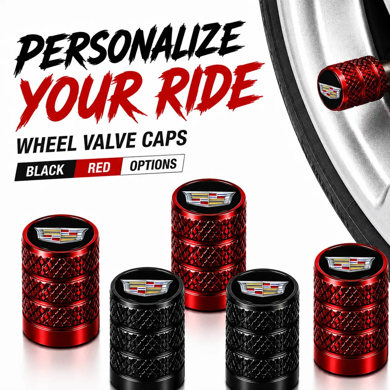 5-Pack Cadillac Logo American Luxury Knurled Aluminum Metal Valve Caps, Rubber O-Ring Leakproof, Anti-Corrosion, Dustproof, TPMS-Safe for XT4 XT5 XT6 CT4 CT5 CT6 Escalade, Universal Schrader Valve Auto Wheel Decor Parts