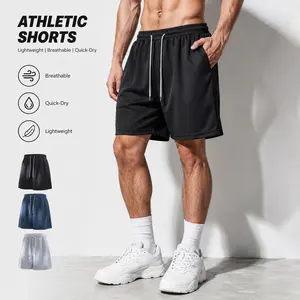 Men’s summer solid-color athletic mesh shorts with elastic waistband and drawstring, suitable for running, basketball, and casual wear; wide straight-leg design everyday workout
