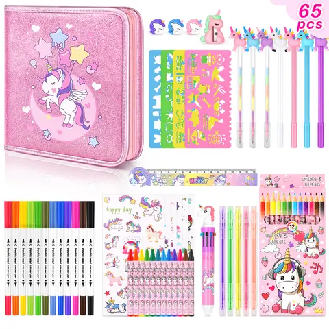 NPET 65pcs Pink Art Drawing Kit - Colorful Marker Set, Marker+Crayon Mix Travel Kit with Gel Pens, Pencils, Ruler, Plastic Bag - Kids’ Sweet Birthday Surprise, Party Favors, Rainy-Day Play Creative Time Supplies