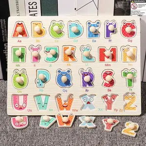 3D Letter Number Puzzle Wooden Peg Puzzle Early Education Intelligence Board Toy, Wood Nail Hand Catch Board, Educational Toy for Kids
