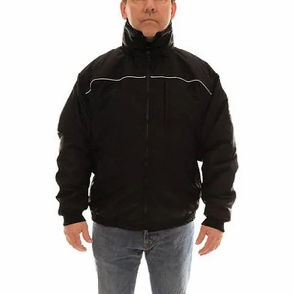 Tingley J26113.3X 3XL Solid Black Long Sleeve General Purpose Work Safety Coat - 7 Pockets, 56-58 in Chest, 0.25mm Polyurethane on 300 Denier Woven Polyester, Roll-A-Way Hood, Zipper Fly Front Closure, Stitched & Taped Seams, Elastic Wrists
