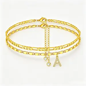 14K Gold Plated Copper Letter Layered Ankle Bracelets for Women, 20+7cm Adjustable Initial Pendant Anklets Set, Hypoallergenic Waterproof A-Z Gifts for Girls Trendy Dainty Costume Accessories
