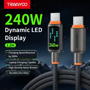 TRANYOO T-CC-8 240W USB-C Fast Charging Cable with Dynamic LED Display, Flowing Light Braided Cord, PD 3.1 E-Marker, Fast Charge for Laptop, Tablet & Phone, 1.2M