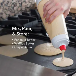 Pancake Batter Dispenser - 4.5 Cup Handheld Mixing Bottle with Blender Ball & Scale, Heat-Resistant Silicone Easy-Pour Spout, Leak-Proof No-Mess Kitchenware Utensils Bakeware Baking Supplies Kit, Dishwasher-Safe Home Baking Gadget (White)