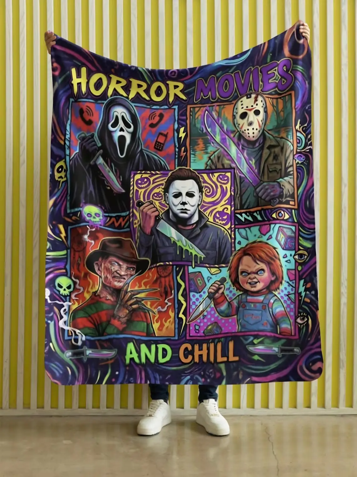 Horror Movies and Chill Flannel Plush Blanket Slasher Icons Neon Retro Throw Blankets for Bedding Couch Cover for Sofa Bedroom Living Room Halloween Decor Halloween Gift for Horror Fans