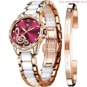 Brand OLEVS Women Automatic Mechanical Watches Self Winding Rose Gold Two Tone Ceramic Strap Diamond Love Heart Dial Fashion Elegant Dress Ladies Wrist Watches Waterproof Luminous