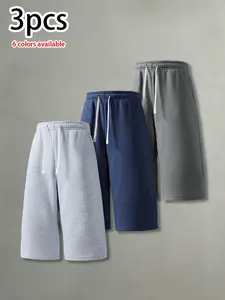 Pack of 3 men’s casual shorts: summer minimalist versatile drawstring-waist mid-thigh shorts with a loose fit—ideal for everyday wear, leisure, sports, and fitness.summervibes