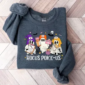 Hocus Poke-Us Nurse Halloween Sweatshirt – Funny Nurse Ghost Hoodie, Spooky Medical Worker Fall Shirt, Healthcare Halloween Outfit