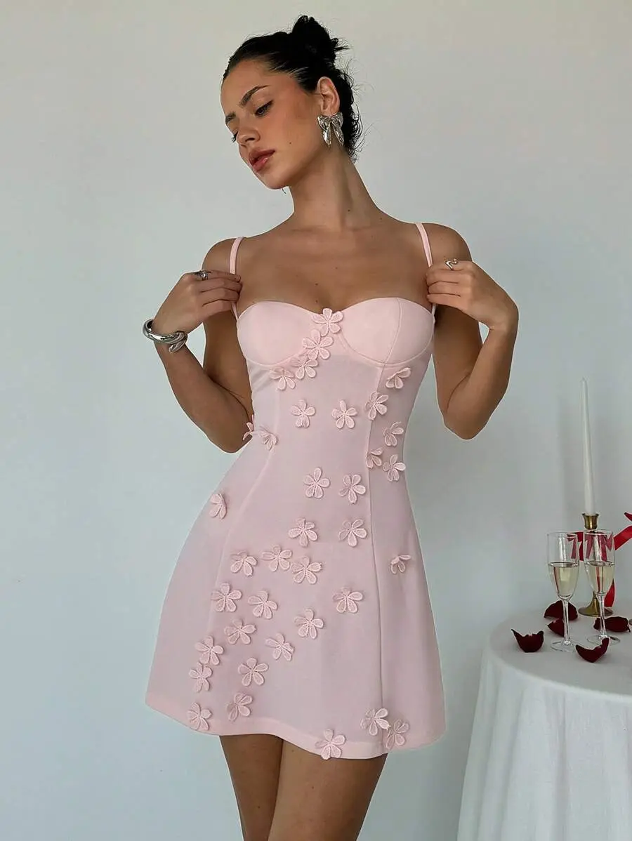 MURACHIC Women's Cute YTK Small Cup Details Front Flower Embellishment Slim Fit A-Line Camisole Dress, Light Pink Elegant Resort Wear Summer